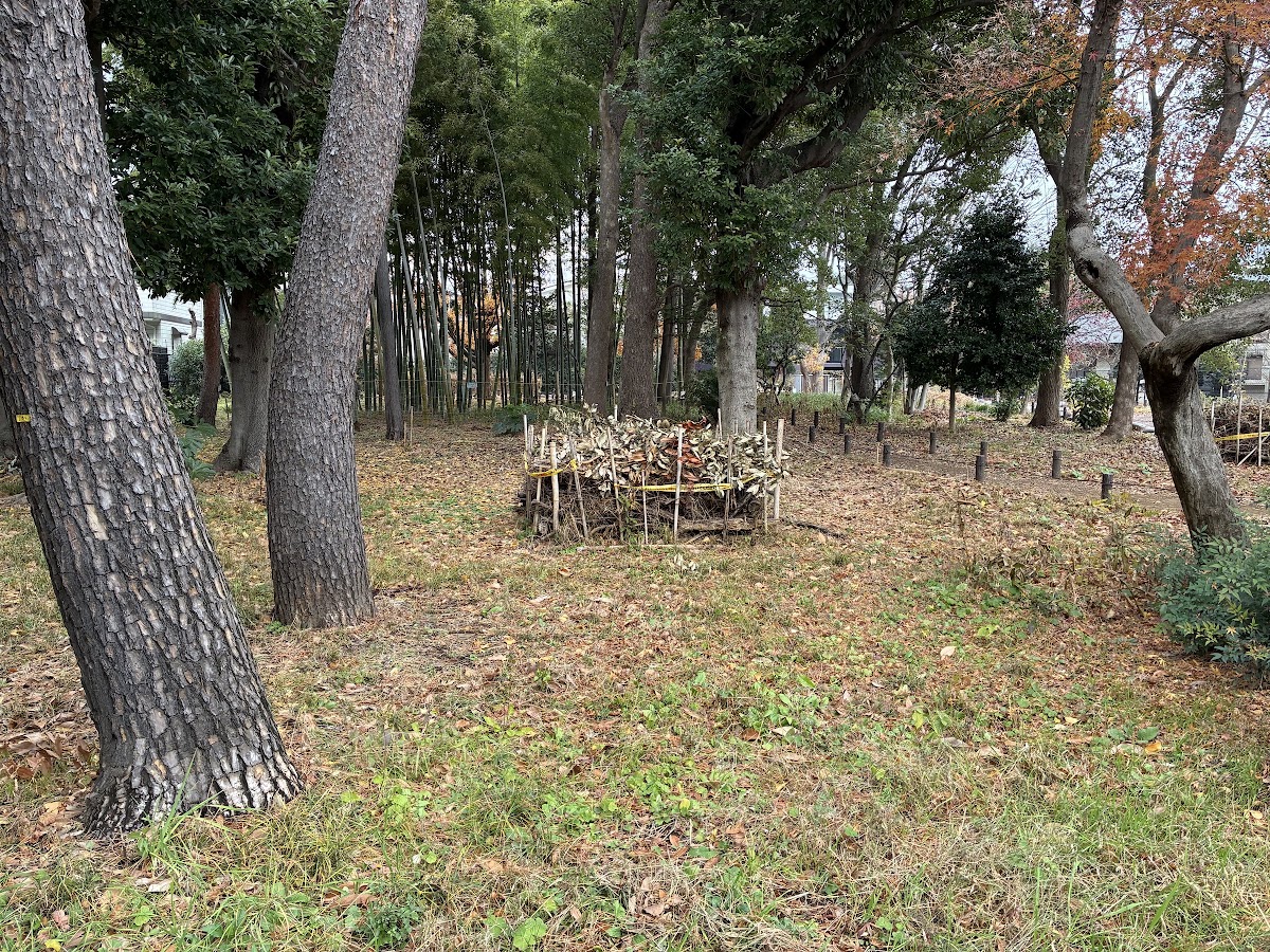 竹林と落葉樹の林の中に、細い杭を地面に立てて枝を渡した低い囲いがあり、その中に枝つきの葉と落ち葉が積まれている。